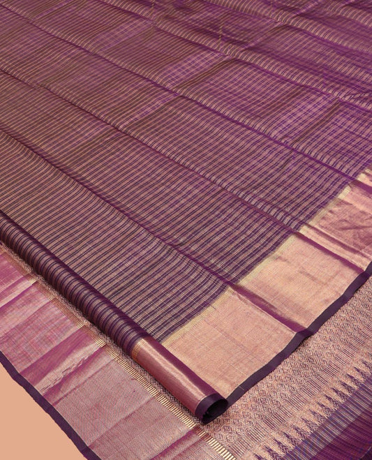 Purple Checked Kanchipuram Silk Saree, Highlighted by a Zari Border, Grand Jaal Pallu, and Matching Blouse