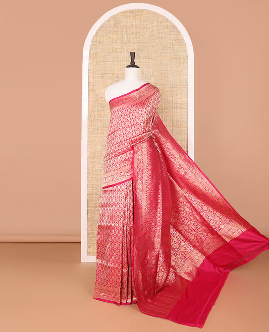 Pink ogee pattern jacquard with self intricate zari border & floral zari design pallu