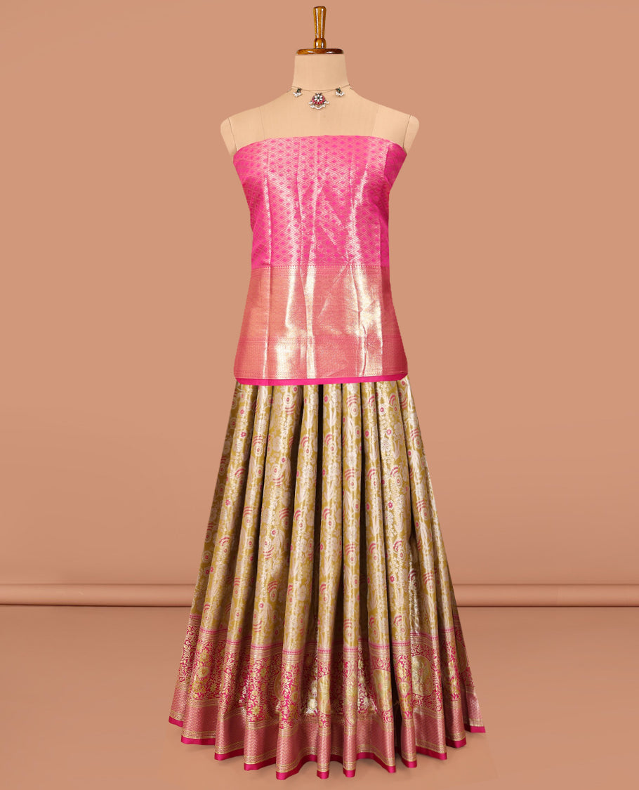 Gold Art Silk Material Half Saree, Ornamented with Jacquard Skirt, a Contrast Meenakari Border, Contrast Blouse, and an Intricate Dhavani