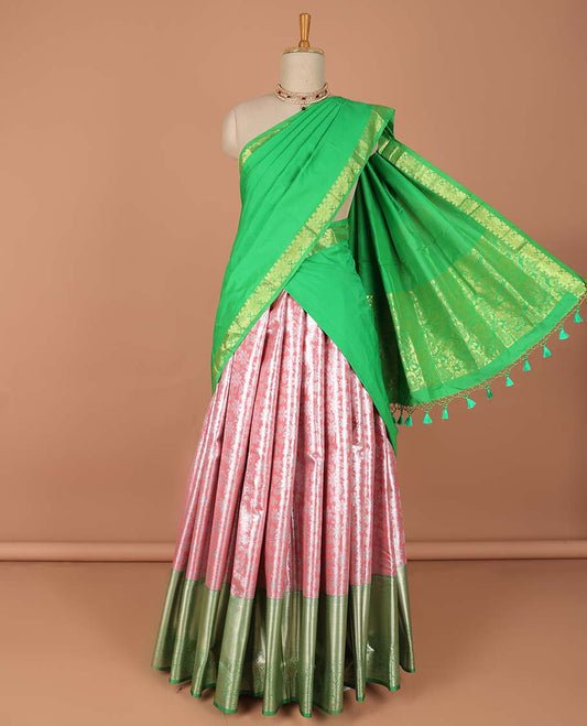 Pink  floral vine design art-silk half saree, contrast traditional zari border,zari design blouse & floral design dhavani