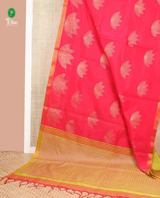 Red screen print micro silk saree with saree with copper zari border & screen print pallu along with plain blouse