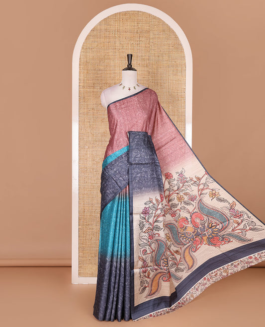Borderless blue ombre style dyed and floral vine design semi tussar saree,  contrast kalamkari printed pallu and blouse