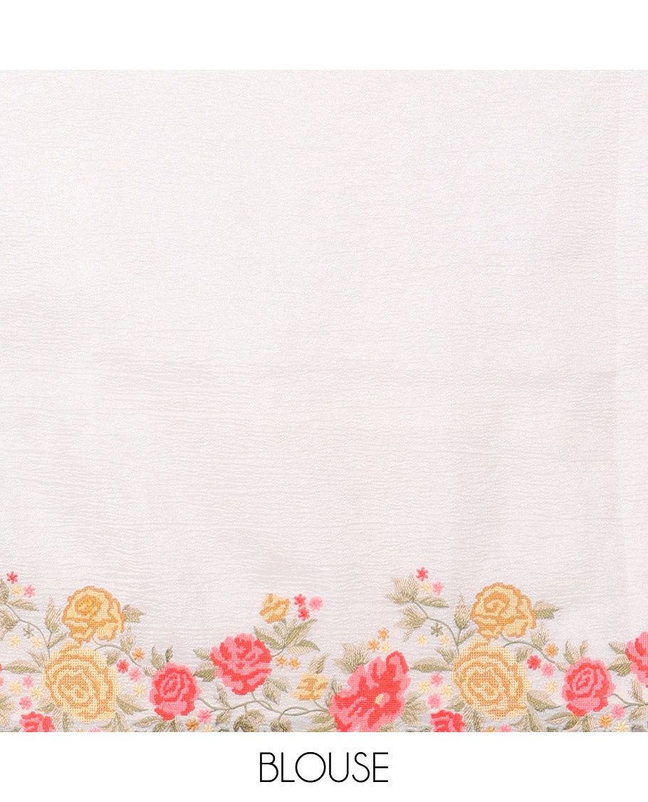 Yellow crushed tissue saree with scallop floral border & motif embroidery pallu