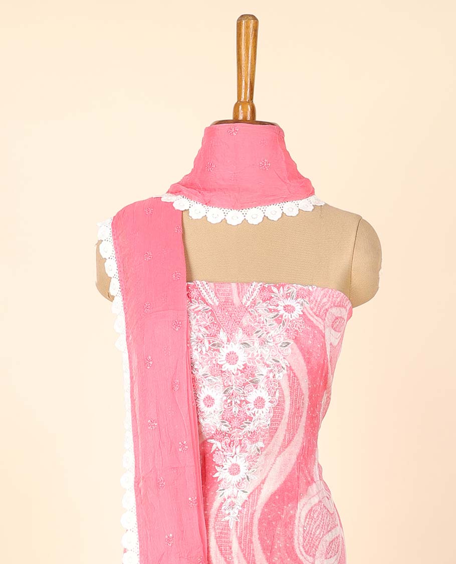 Pink material chudidhar set, unique print & embroidered top, plain bottom & embroidered dupatta