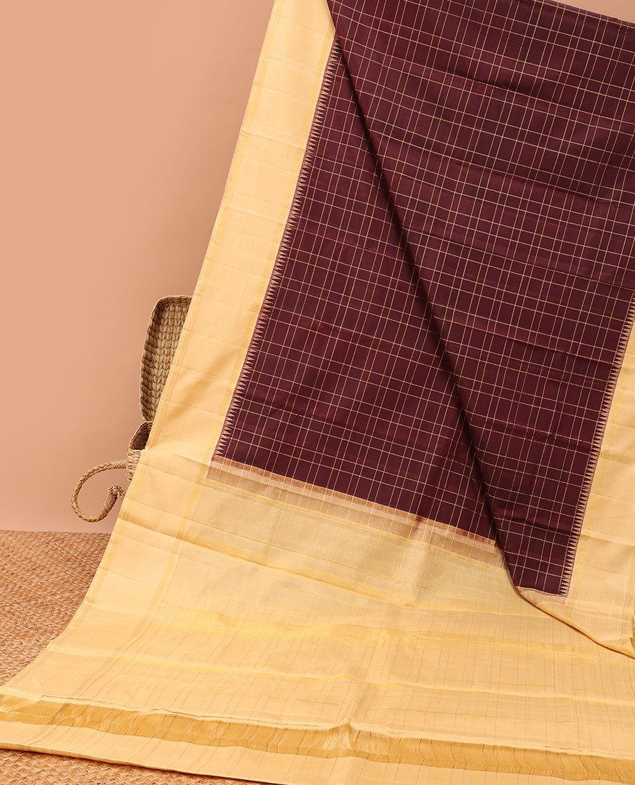 maroon checked kancheepuram silk saree, contrast temple zari border & striped zari design pallu