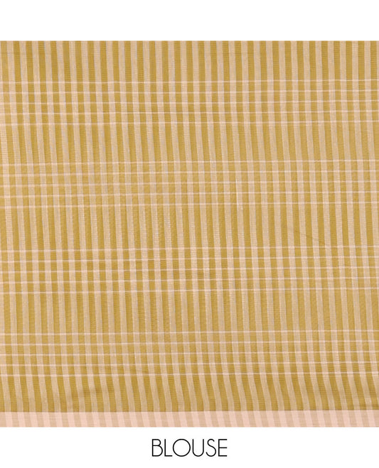 Brown checked design khadi cotton saree with contrast striped  border & checked design pallu