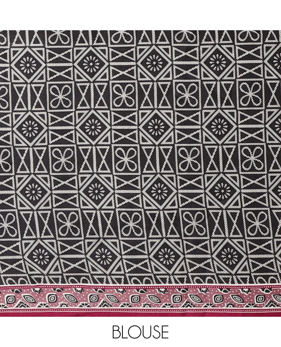 Wine color half-&-half style modal satin saree features floral & geometric design Ajrakh printed contrast border & pallu