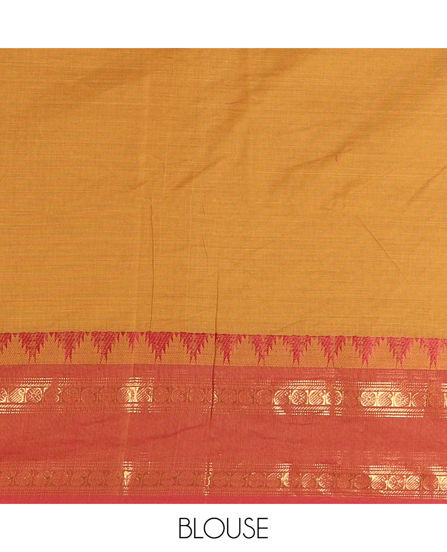Mustard Chettinad Cotton Saree, Subtly Sparkled with Paisley Buttas All Over Its Body, Complemented by a Contrast Temple Rettai Pettu Traditional Zari Design Border, Pallu of Stripes and Buttas, and Paired with a Matching Blouse