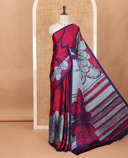 Purple painting-style  floral printed gajji silk saree, contrast piping border, printed pallu & contrast plain blouse