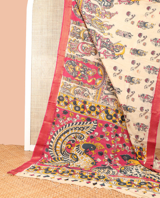 Cream human design machine-printed kalamkari cotton saree with contrast zari design border & animal motif pallu