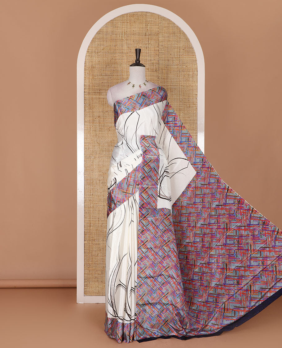 Half-white abstract style geometric printed Turkey crepe saree, contrast border, and pallu of abstract textured print