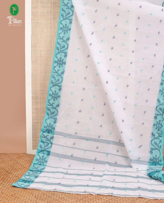 White thread butta bengal cotton saree with resham border & chit pallu allong with linen digital shafread blouse