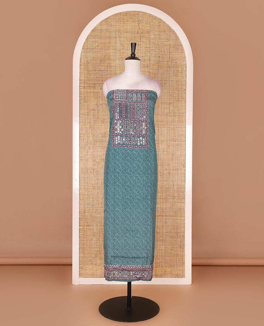 Hunter green material chudidar set, intricately printed with neck mirror work crepe top, Italian crepe bottom, and digital printed mirror work chinon dupatta