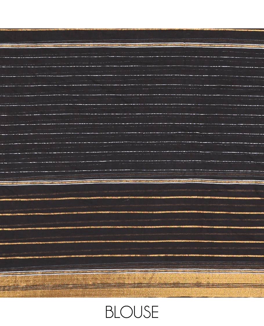 Black Khadi Mul Cotton Saree, Woven with Horizontal Stripes On Its Body, Subtle Zari Border, Stripes Pallu, and Paired with a Matching Blouse