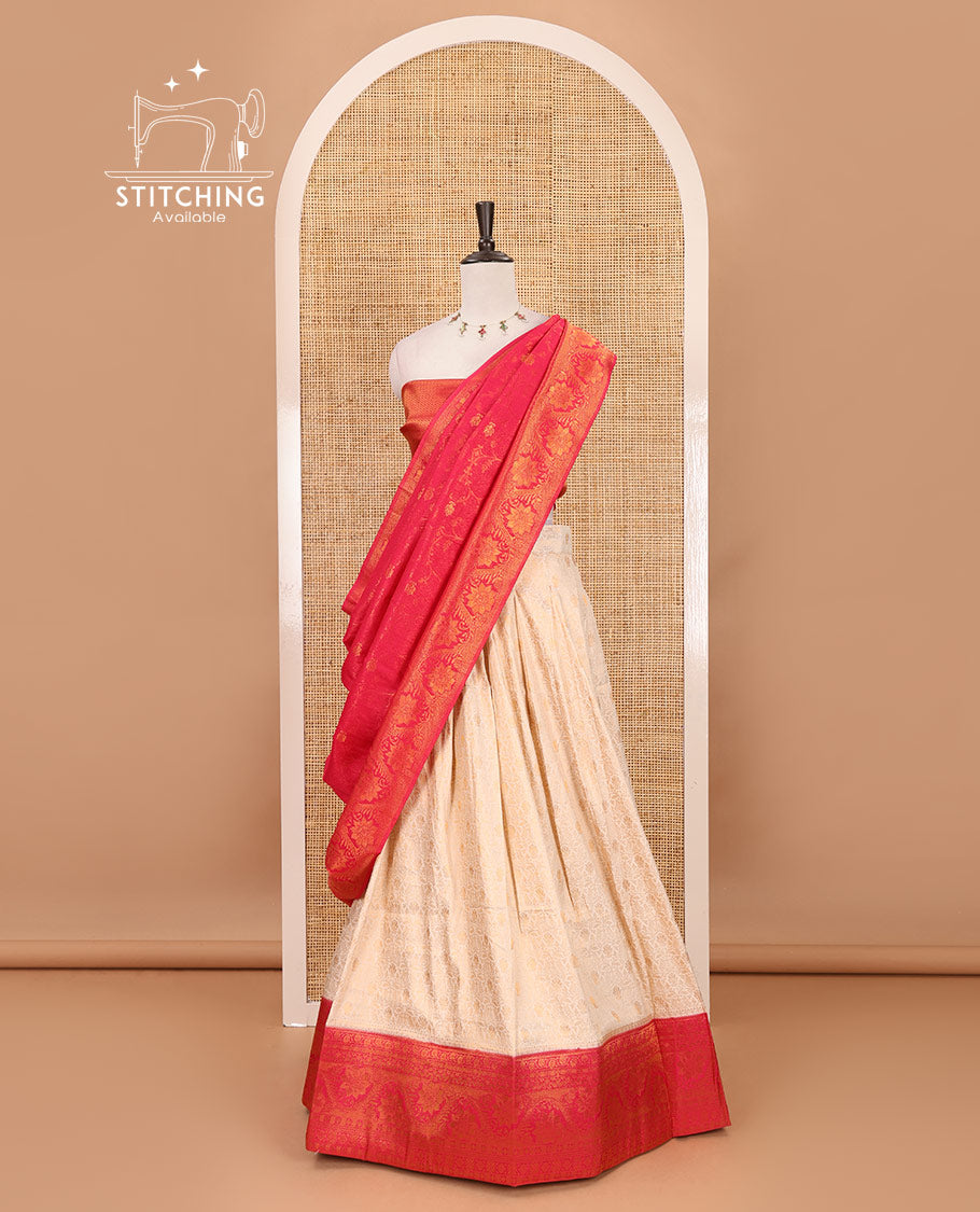 Cream-magenta half-saree, zari jacquard & contrast traditional zari border banaras softy skirt, semi-banaras jacquard blouse & contrast zari design blouse