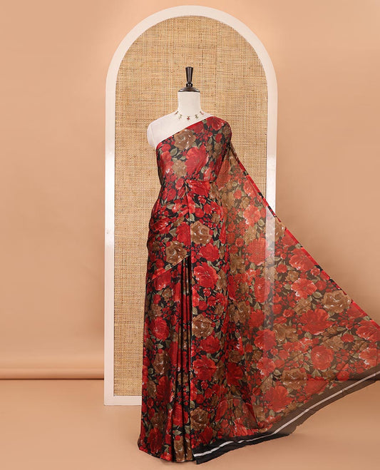 Borderless black floral printed light weight chiffon saree with plain blouse