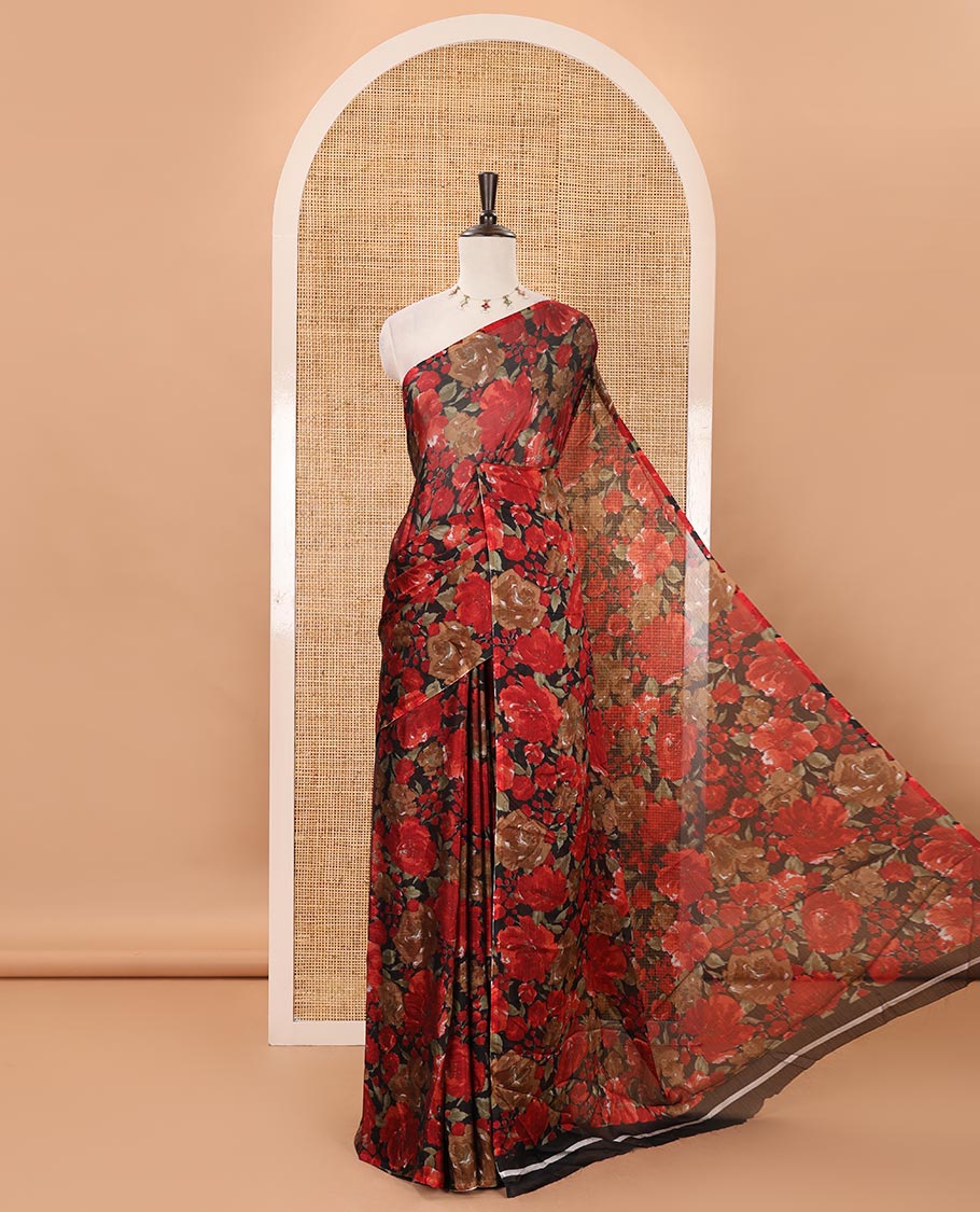 Borderless black floral printed light weight chiffon saree with plain blouse