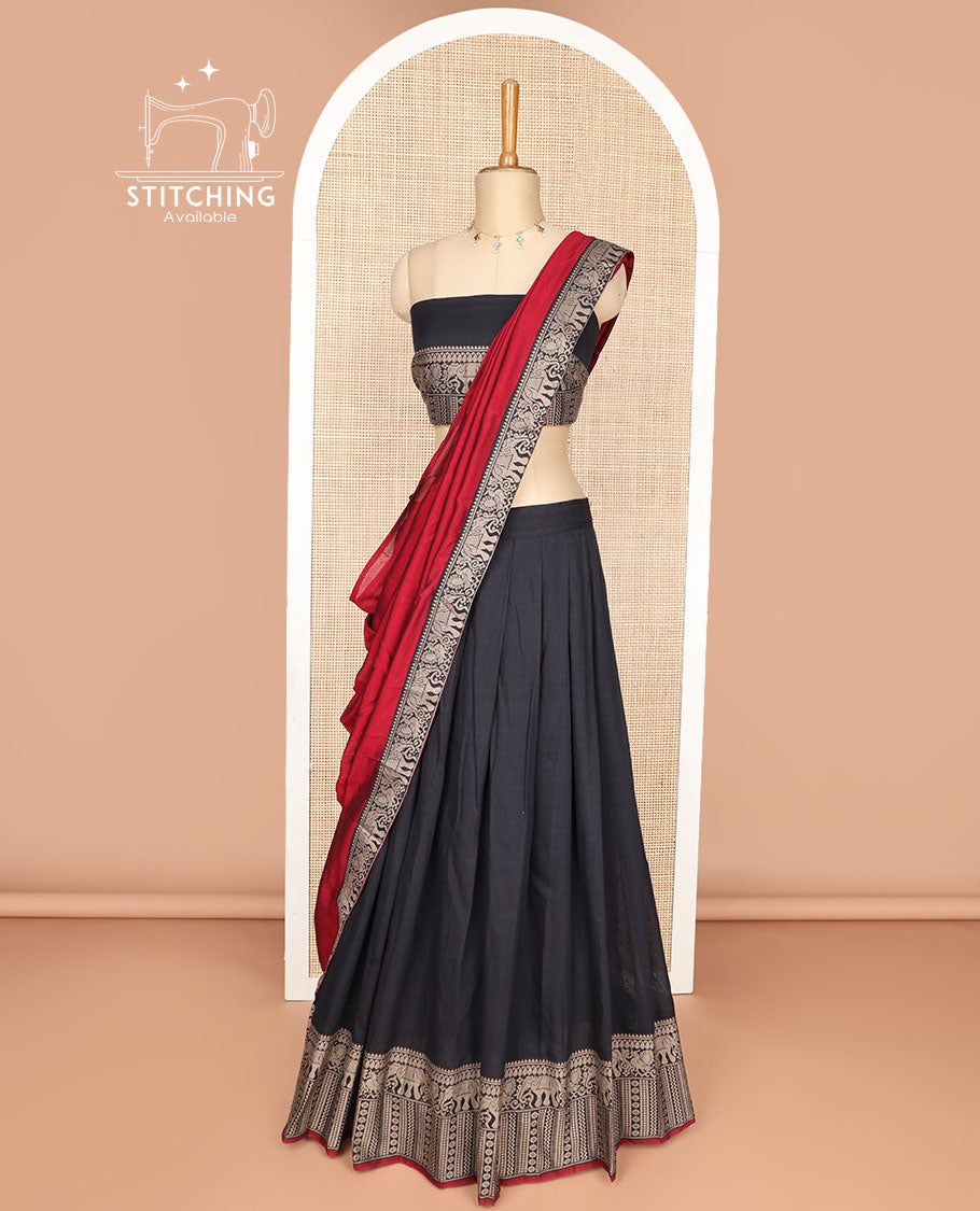 Black cotton half saree with contrast intricate zari design border, elephant design blouse & elephant design border dhavani