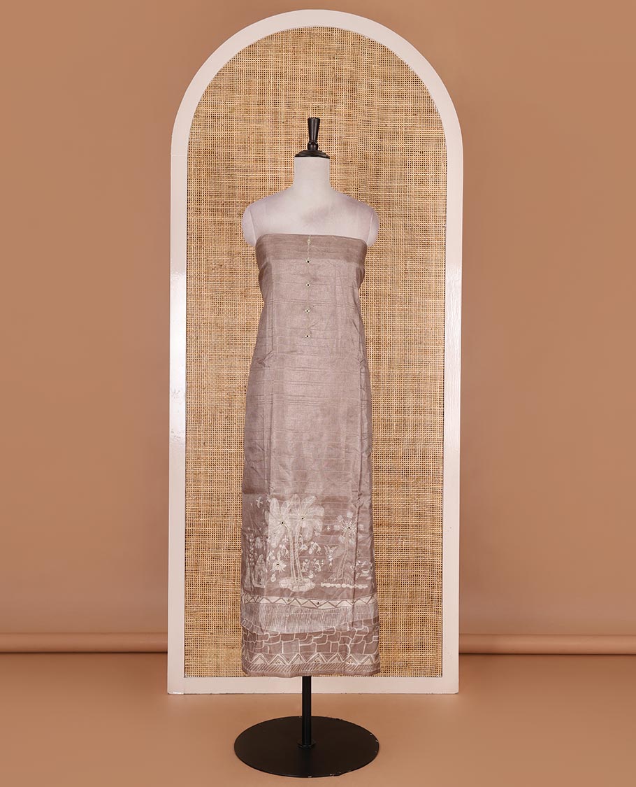 Fawn material churidar set, warli tribe village theme print with mirror work semi-tussar top, plain bottom, and warli tribe village theme print semi-tussar dupatta