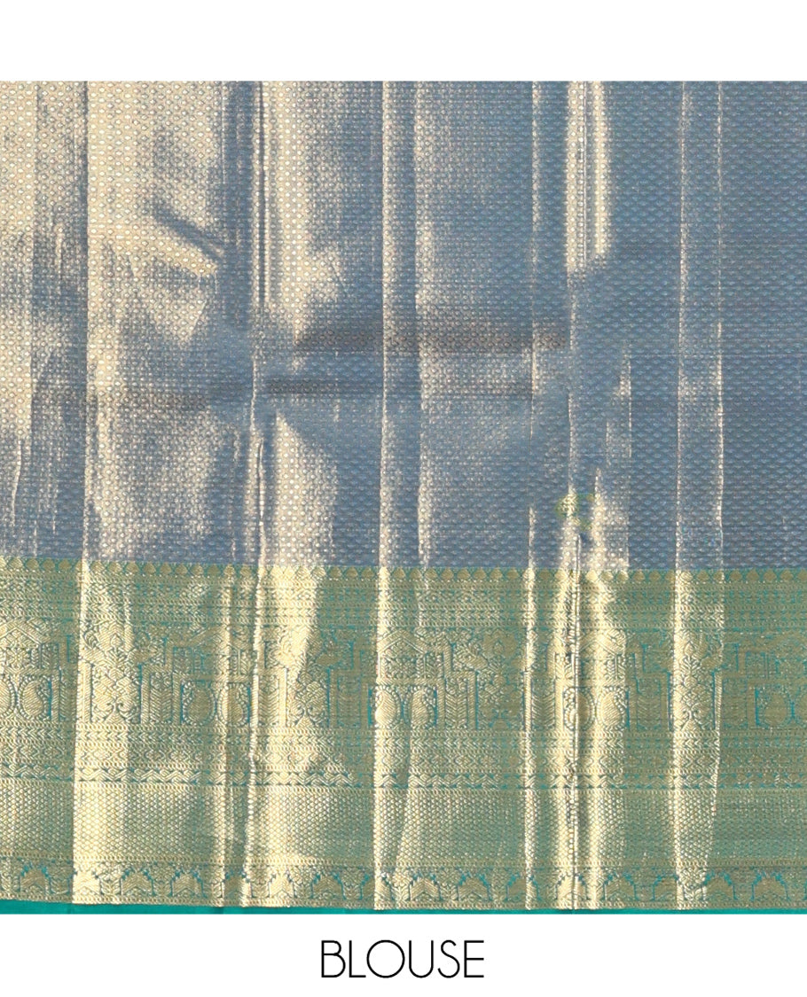 Gold Kanchipuram Tissue Silk Saree, Gracefully Embellished with Jacquard, Contrast Border of Thilakam Mokku, Muthu, Kodi Visiry, Manga, and Mayil Kann, Grand Pallu, and Matching Blouse