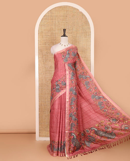 Onion pink full-plain katan silk saree, double-side kalamkari floral vine and bird printed temple zari border and matching floral vine printed blouse
