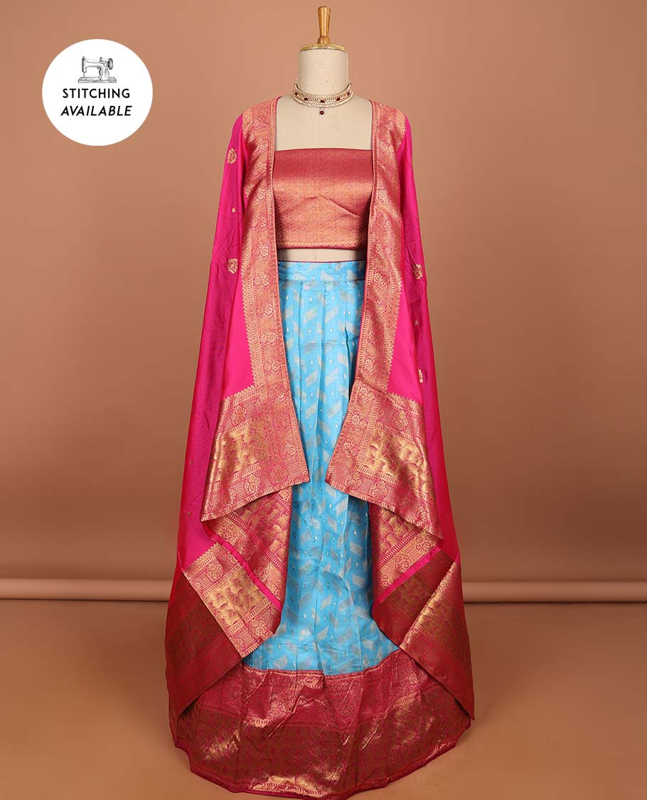 Blue geometric buttas half saree with contrast zari border, zari design blouse & floral zari design dhavani