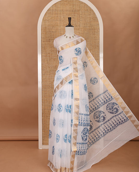 White-blue circular motifs printed mercerised cotton saree, gold zari temple  border, circular motifs printed pallu & matching zari border blouse