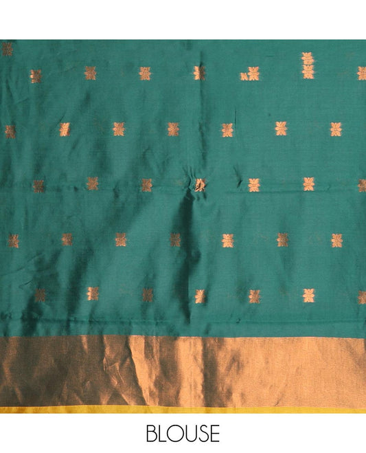 Gold zari mango butta kanchi silk saree with contrast peacock design border & rich weaving pallu along with zari butta blouse