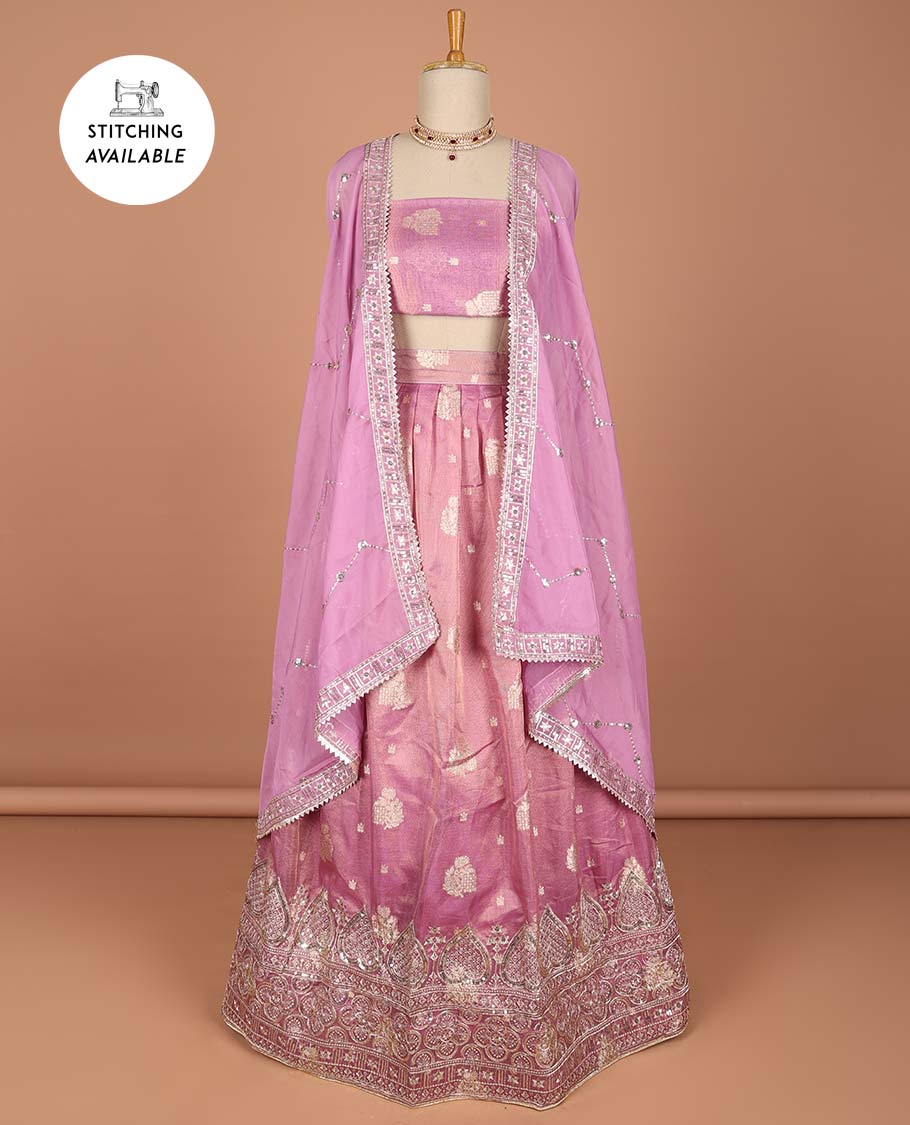 Brown floral stone embroidered half saree contrast stone embroidered border , zari design blouse & intricate stone embroidery dhavani
