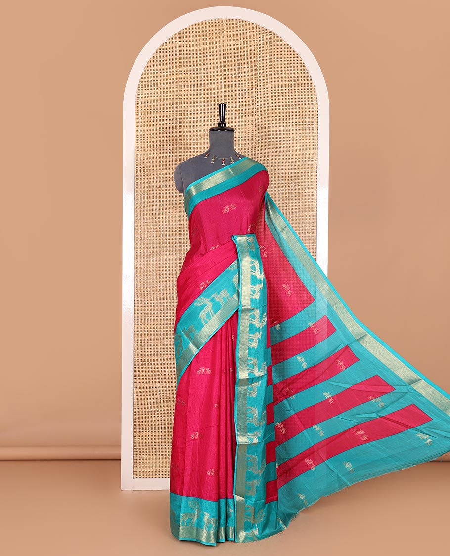 Rani pink deer copper zari buttas dola silk saree, contrast chevron and deer motifs zari border, deer motifs pallu, and contrast deer motifs blouse