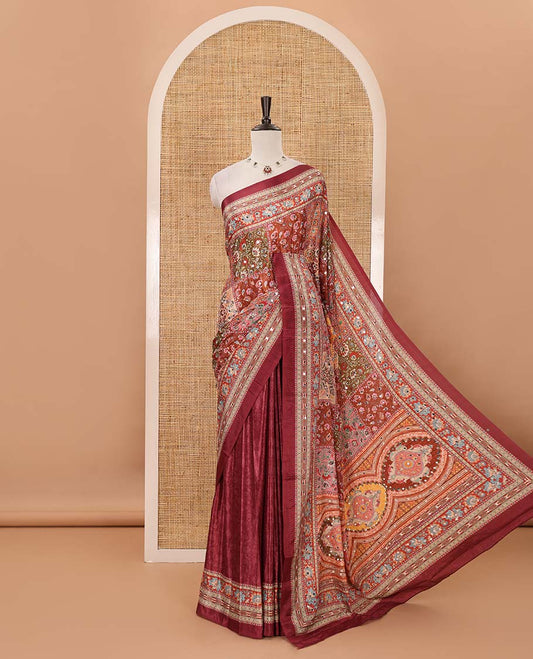 Purple-base floral-theme printed & real mirror embroidery masakali saree, self-border, printed mirror work pallu & matching blouse