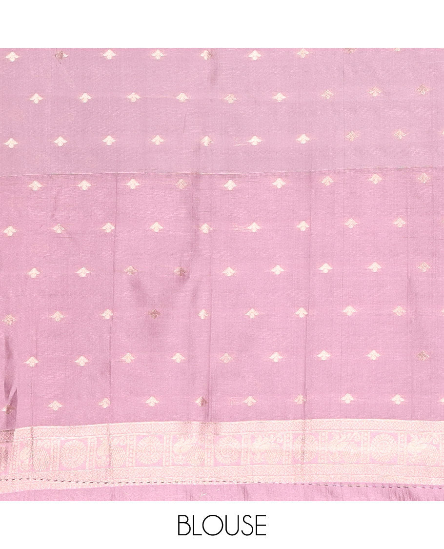 Brown and Pink Kanchi Silk Saree, Elegantly Highlighted with Zari Buttas All Over Its Body, Complemented by a Contrast Traditional Zari Rettai Pettu Border of Peacock-Chakram Designs, Intricately Designed Grand Pallu, and Paired with a Contrast Blouse