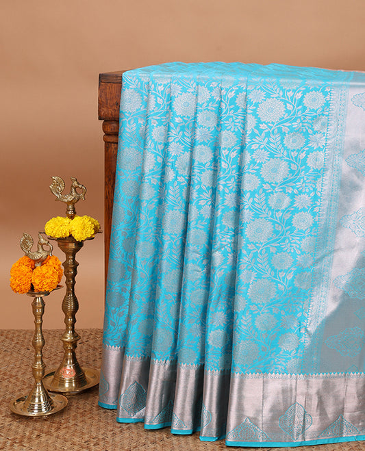 Blue zari flower brocade design soft silk saree with bawanchi, butta border & rich weaving pallu along with brocade blouse