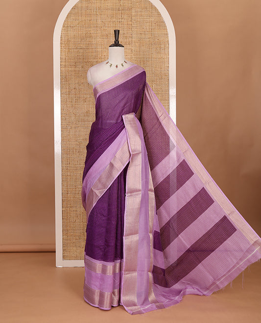 Violet Checked saree with contrast zari border and contrast striped pallu along with contrast blouse