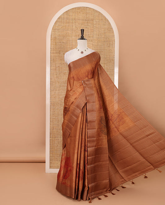 Mustard leaf motifs eco-digital printed fancy tussar saree, zari border, pallu of dobby-style buttas & matching zari design blouse