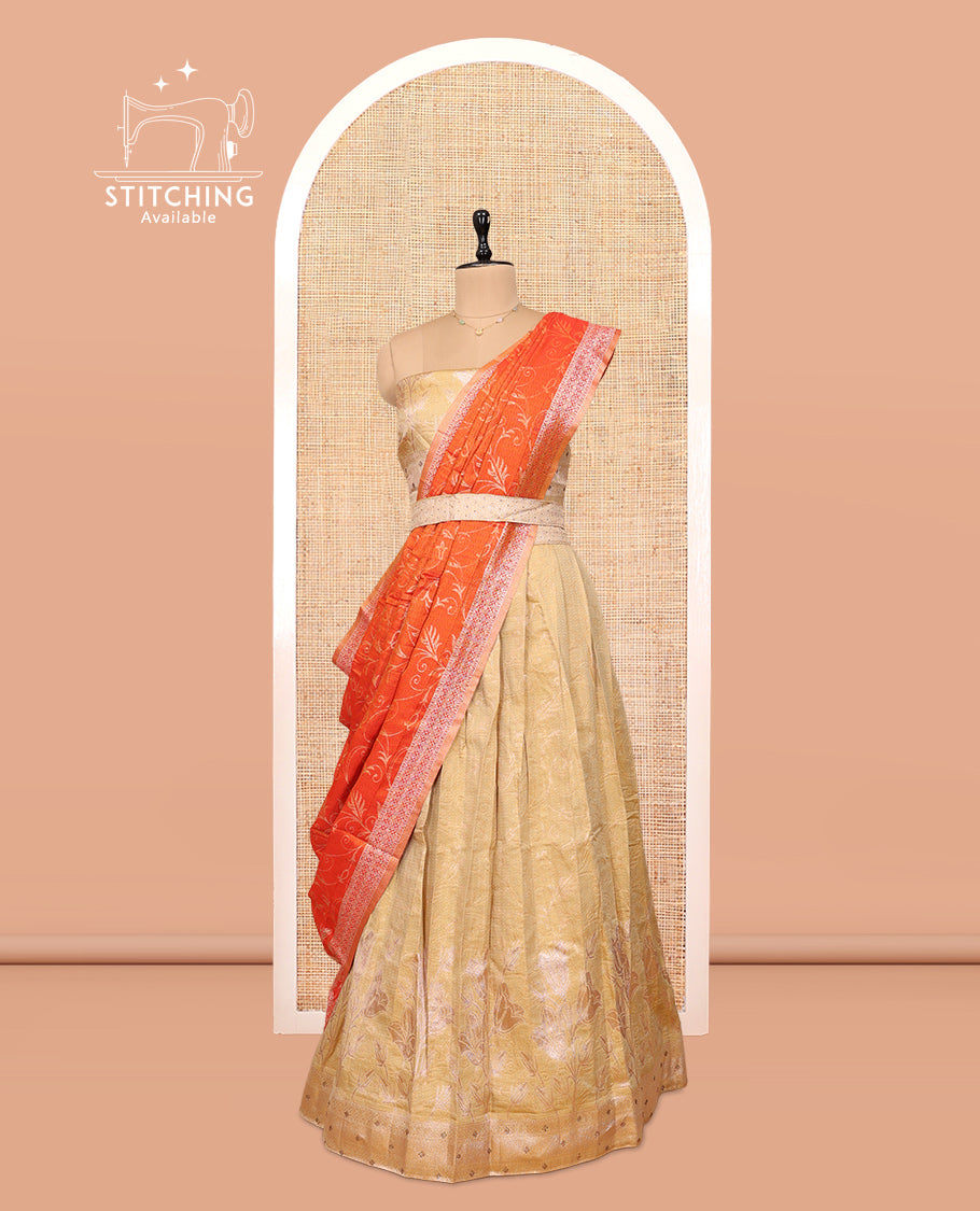 Sandal-Orange Banarasi Half-Saree Features Floral Vine Design Skirt, a Self-Border, a Matching  Blouse, and a Contrast Floral Vine Dhavani