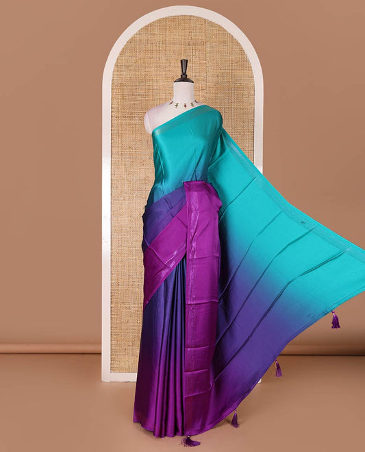 Purple ombre full-plain satin crepe saree, copper zari border, and plain blouse