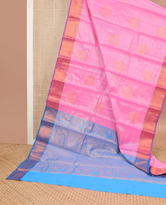 Pink round motifs semisilk cotton saree with contrast zari design border & geometric design pallu