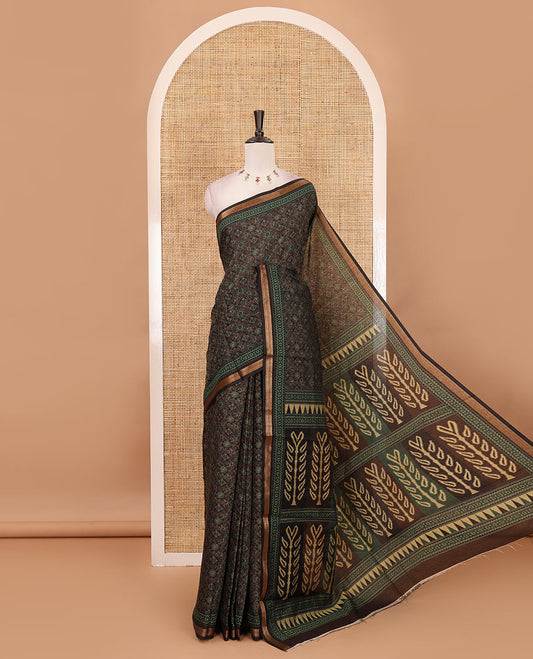 Chocolate brown geometric printed muslin cotton saree, zari border, geometric printed pallu & argyle printed blouse