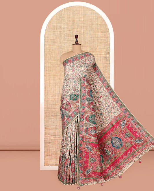 Multi-Color Dola Silk Saree, Elegantly Framed with Colorful Floral Vine on Its Body, Complemented by Contrast Print and Embroidery Border, Intricately Designed Pallu, and Paired with a Contrast Blouse
