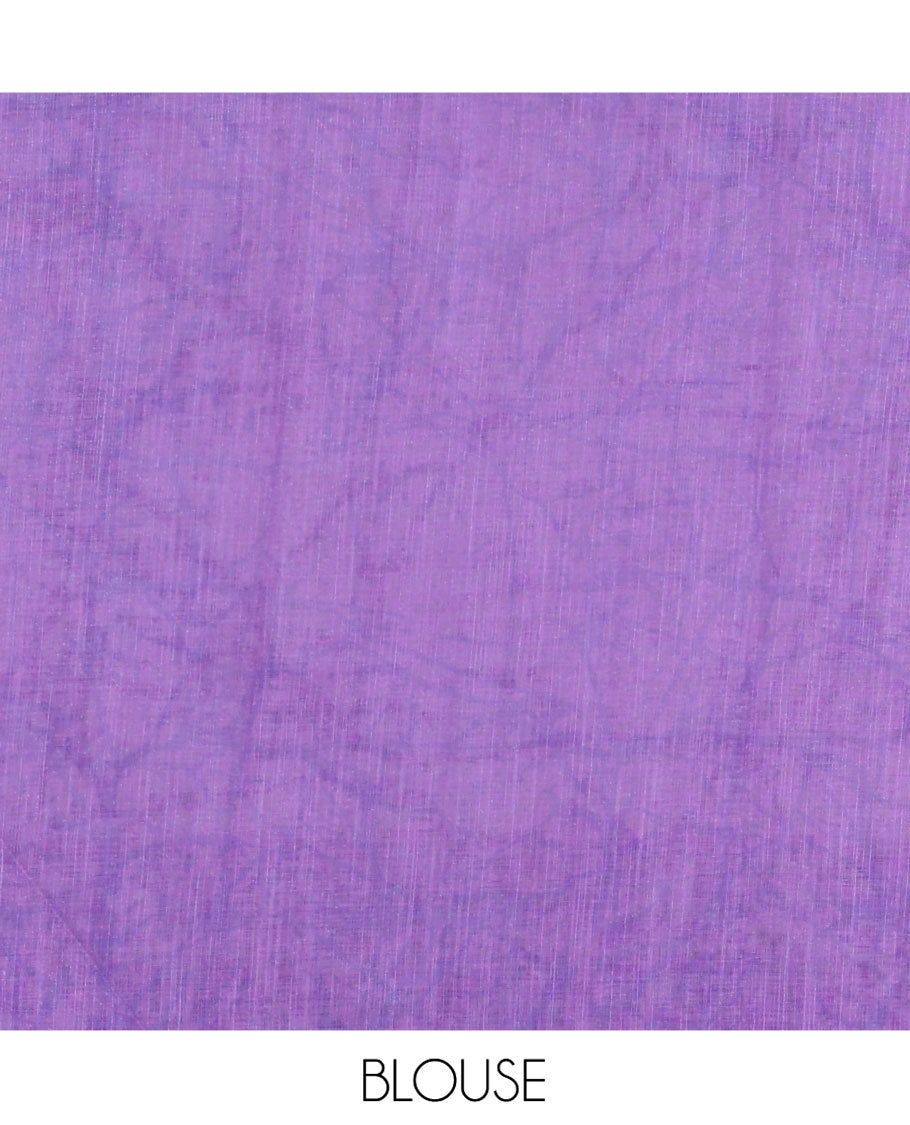 Cream and Lavender Linen Cotton Saree, Decked Up with Batik Print on Its Body, Complemented by Contrast Batik Printed Border, Pallu of Floral Print, and Paired with a Contrast Blouse