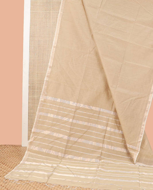 Sandal maheshwari cotton saree with contrast zari design border & striped pallu