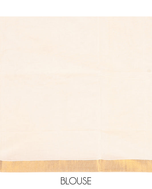 Cream Kerala Saree, Dazzled with Zari Buttas on Its Body, Bavanji Zari Border, Sparkling Pallu of Zari Designs, and Paired with a Matching Blouse