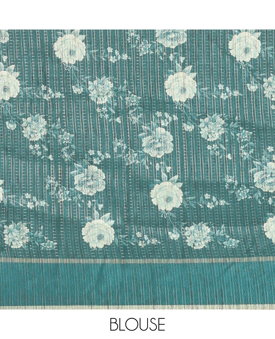 Rama green diagonal floral striped digital printed fancy tussar saree, contrast striped border, zari design pallu, and a contrast floral printed blouse