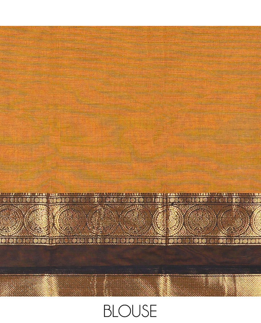 Gold Plain Chettinad Cotton Saree, Complemented by a Contrast Rettai Pettu Traditional Border of Round Peacock Designs, Striped Pallu, and Paired with a Matching Blouse