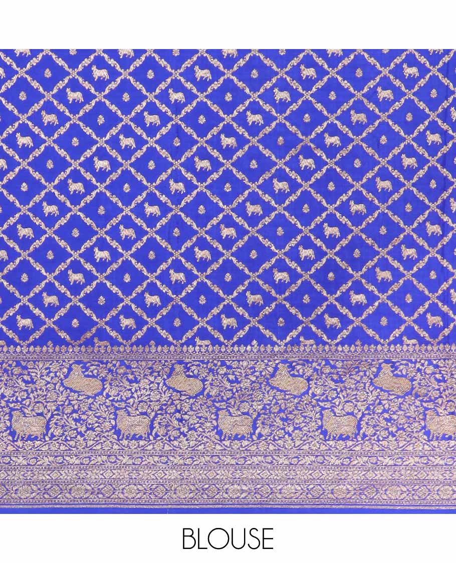 Blue floral motifs banaras silk saree with self zari design border & intricate floral zari design pallu