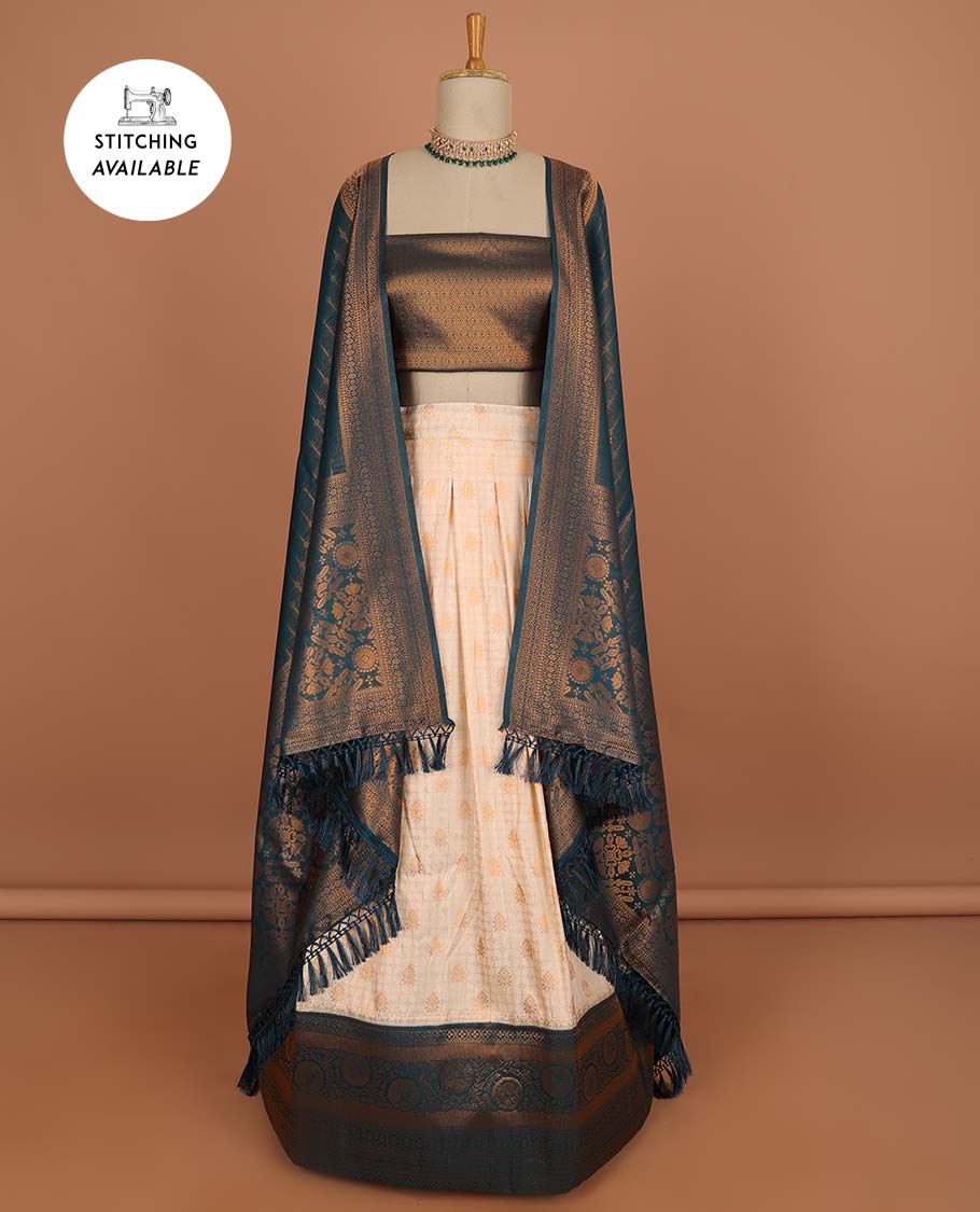 Cream checked , floral design half saree with contrast border, zari design blouse & striped , floral dhavani