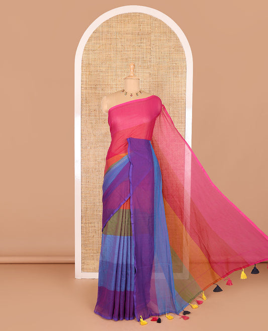 Borderless pink ombre-colored striped Khadi mul cotton saree, multi-colored tasseled pallu, and a matching blouse