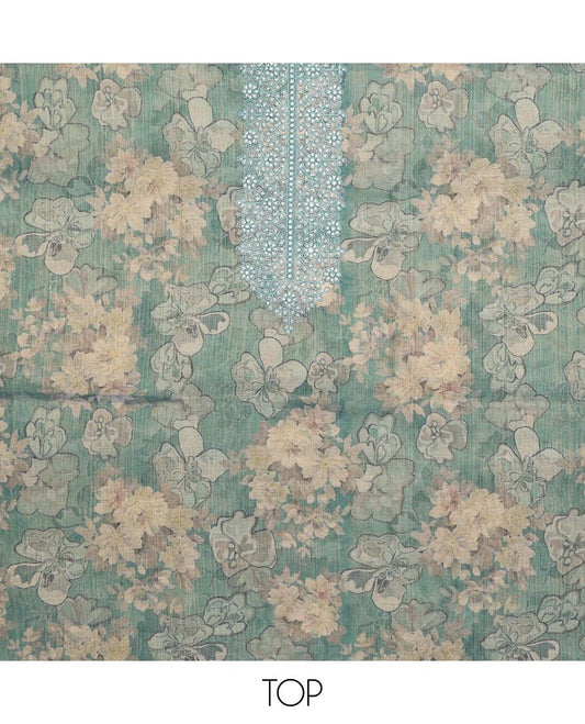 Blue chudidhar material set floral printed with thread embroidery top, plain bottom & floral motif embroidery scallop border dupatta