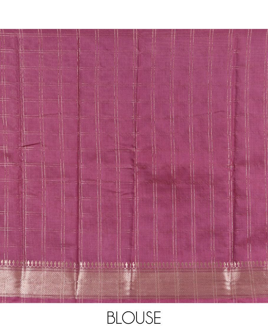 White Assam Silk Saree, Enthralled with Checks, Highlighted by a Traditional Zari Border, Zari-Striped Pallu, and a Contrast Blouse